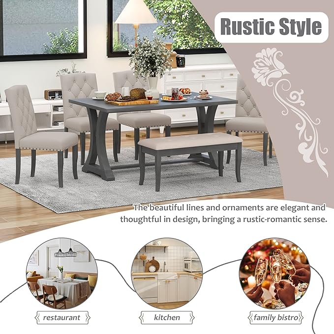 Ball & Cast Dining Table Set for 6, 60" Rectangular Dining Room Table with 4 Upholstered Chairs and 1 Bench, 6-Piece Farmhouse Dining Furniture Set with Solid Wood Legs for Kitchen,Antique Gray