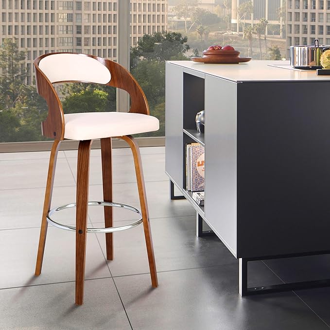 Armen Living Shelly 26" Counter Height Swivel Cream Faux Leather and Walnut Wood Bar Stool - Set of 2