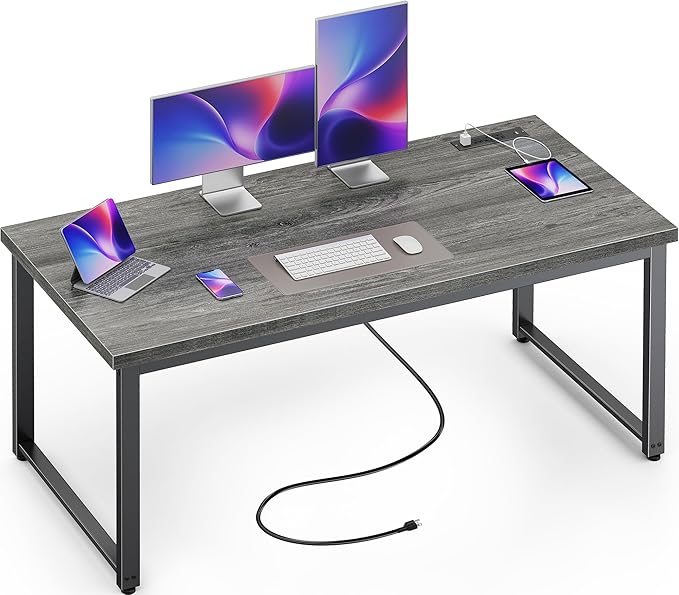Huuger 55 x 24 inch Desk with Power Outlets & USB-C, Deeper & Thicker Desktop, Robust Metal Tubes, Computer Desk, Heavy Duty Office Desk, Work Gaming Desk for Home Office, Grey