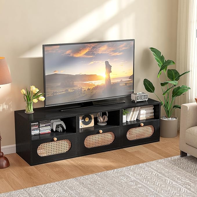 3-in-1 Modular TV Stand with Rattan Doors, DIY Media Console Boho Entertainment Center Modern TV Cabinet with Open Shelves,Black