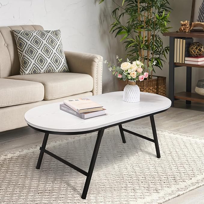 Small Oval Coffee Table Wooden Low Coffee Table with Folding Legs Portable White Center Table Simple Modern Floor Table Desk for Living Room Home Office