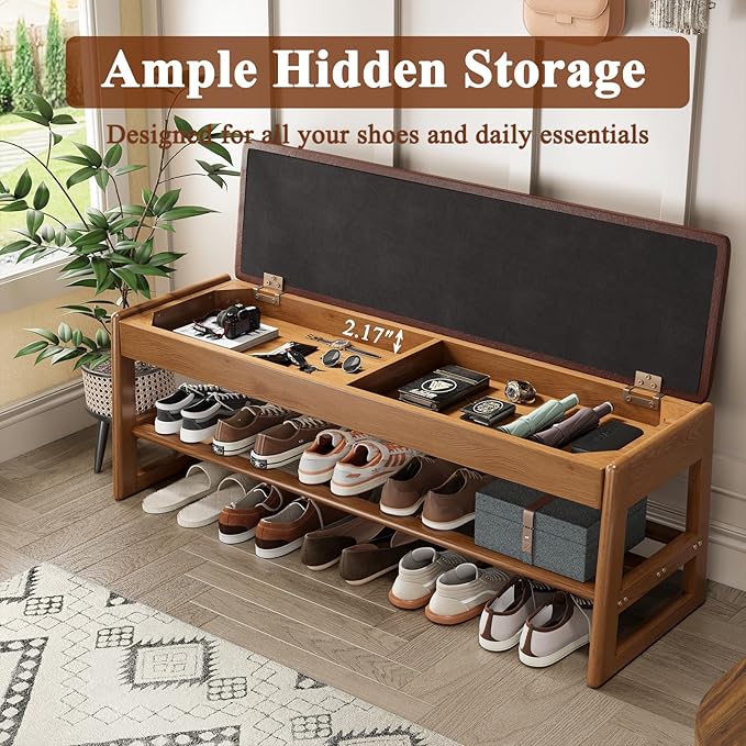 Shoe Rack Bench Seat Rubberwood 2-Tier Wooden Storage Bench 550lbs Compact Mid-Century Modern Design for Entryway, Hallway, Closet, Front Door Entrance, Foyer