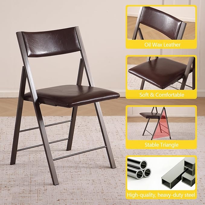 Folding table and chair set, dining table with extra large storage space and 4 universal wheels, matched with padded steel frame folding chairs, space-saving dining table and 2 chairs (Brown)