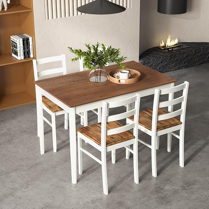 Giantex 5-Piece Dining Set for 4, Solid Wood Rectangular Table & 4 Chairs wtih Rubber Wood Legs, Kitchen Table and Chairs Set for Small Spaces Dinette Dining Room Restaurant (Rustic Brown)