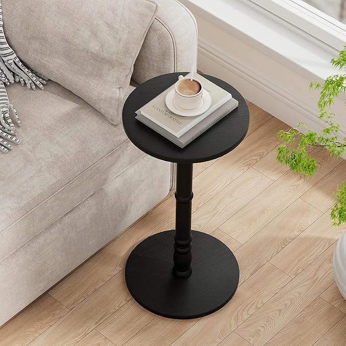 Round Side Table, Solid Wood Pillar with Wood Top & Base, Small Drink Accent Table for Living Room, Bedroom, Sofa & Office, Easy Assembly, Black