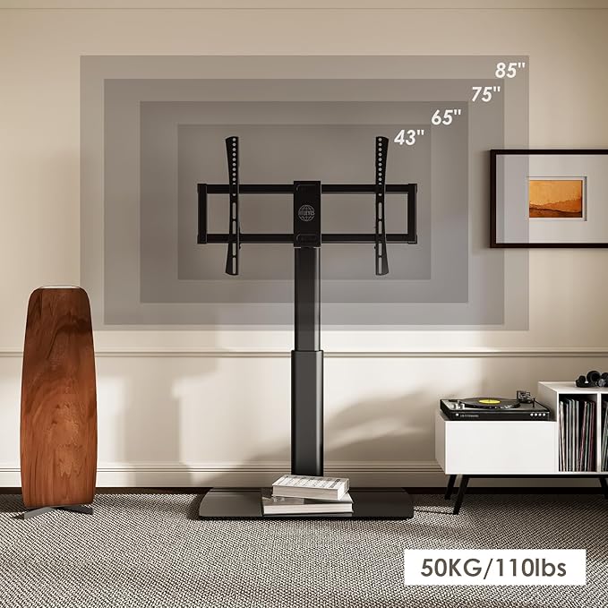 FITUEYES Universal TV Stand Mount for 43-80 85 inch TVs, Swivel Tall TV Mount Stand, Table Top TV Stand Base Replacement, Height Adjustable TV Table Stand, Glass Base, Max Holds 110lbs