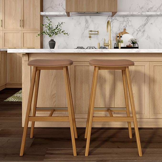 Plank+Beam Beryl Bar Height Stool - Mid-Century Modern Rubberwood Bar Stool with Faux Leather Seat, Metal Footrest, Easy Assembly, 2-Pack, Pecan/Toffee