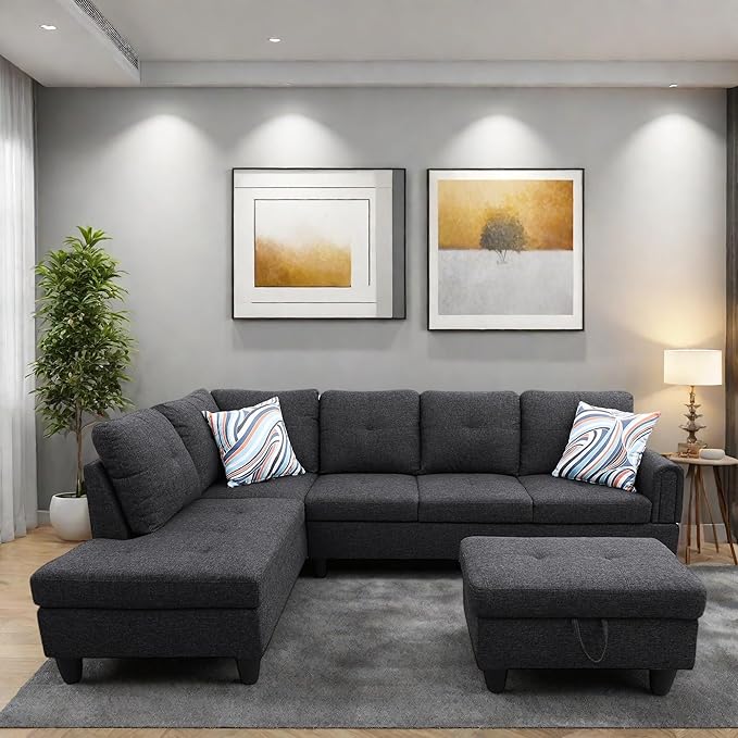L Shaped Sectional Couches, Modern Modular Sectional Sofa for Living Room Bedroom Furniture, Comfy 4 Seat Couch with Ottoman Storage & Chaise, Black Gray