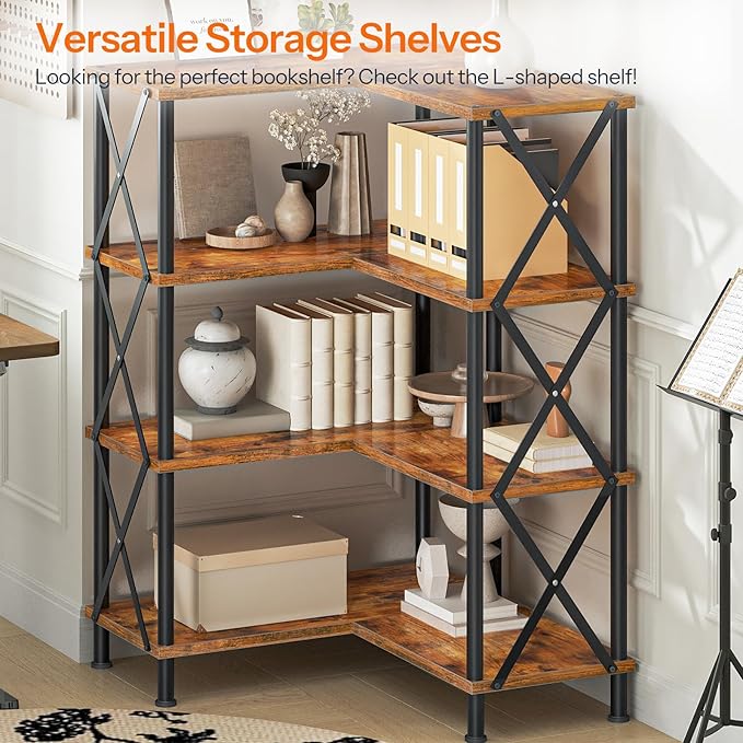 HOOBRO Corner Bookshelf, 4-Tier L-Shaped Bookcase, Industrial Open Display Shelf Tall Storage Organizer, Vertical Storage Rack, for Living Room, Home Office, Rustic Brown and Black BF59SJ01