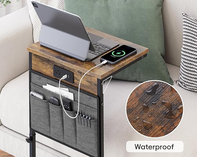 Vagusicc C-Shaped End Table Set of 2 with Charging Station, Small Side Table for Couch, Adjustable Height Couch Side Table, Slide Under Sofa Table TV Tray Tables for Living Room,Bedroom,Bedside, Brown