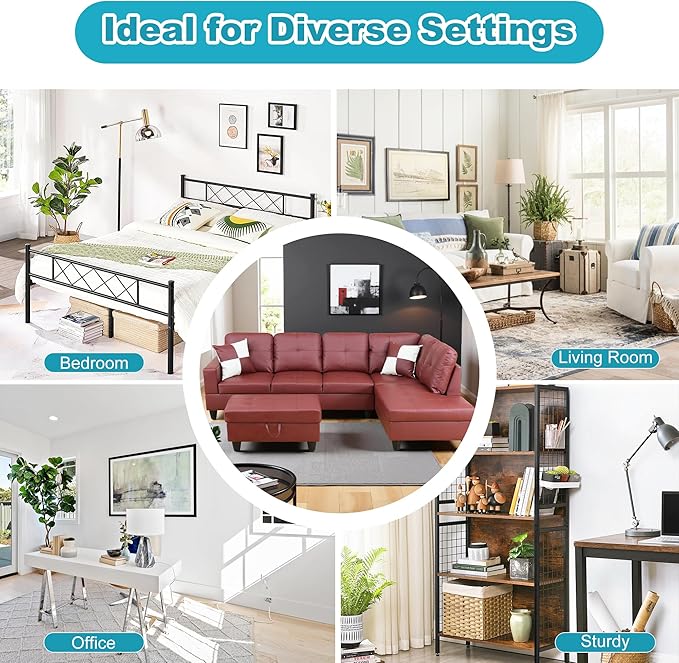Couches for Living Room Faux Leather L Shaped Couch Comfy 3 Pieces Sectional Sofa with Chaise, Ottoman with Storage for Office and Small Apartment, Dark Red