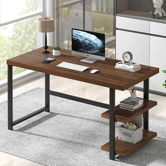FOLUBAN 47 Inch Computer Desk, Small Home Office Desk with Storage Shelves, Industrial Writing Study Gaming Table Workstation for Living Room Bedroom, Rustic Walnut
