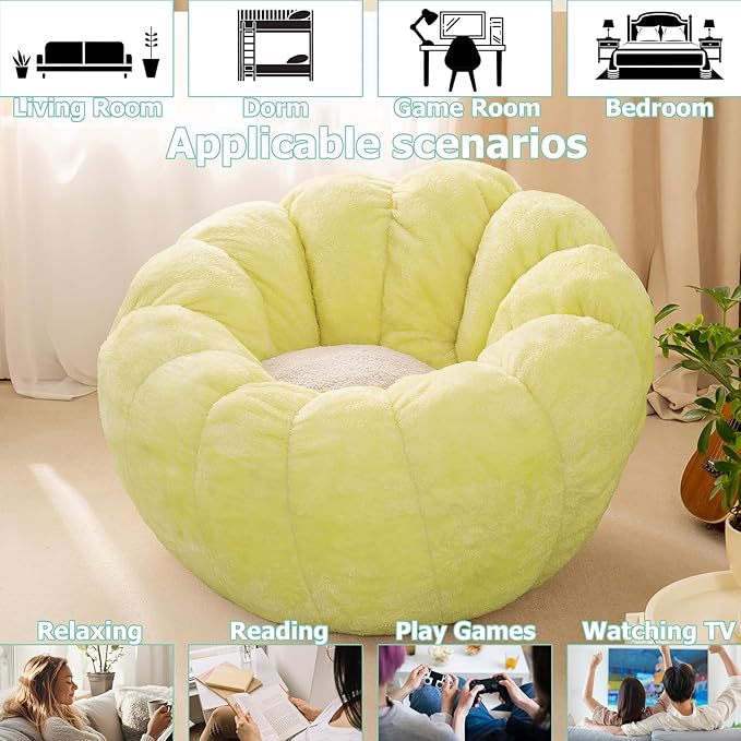 Pumpkin Bean Bag Sofa Chair for Adult, Beanbag Couch with Filler for Reading and Relaxation, Comfy and Lazy Sofa for Dorm, Apartment, Living Room and Bedroom, Grass Green