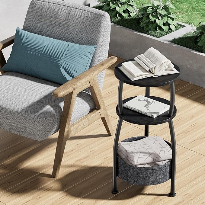 Small Round end Table for Living Room with Storage Basket –Small Space Saving End Table 3-Tier Accent Nightstand Couch Corner Table for Sofa, Bedroom, Patio and More 24in Tall Classic Black
