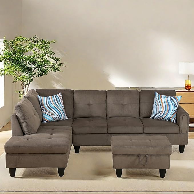 NAYSAYE Sectional Couch with Ottoman Storage, L Shaped Couch Sofa Furniture Sets, Modern Comfy Modular Comfy Sofa for Living Room Bedroom, Office and Apartment, Brown