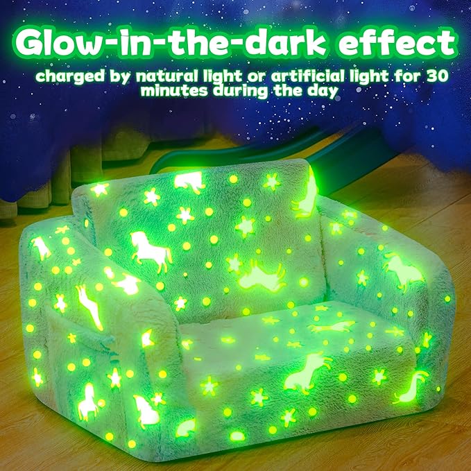 Lamerge 2-in-1 Soft Toddler Couch Fold Out,Foldable Toddler Chair, Glow in The Dark Kids Sofa for playroom,Convertible Foam and Floor Cushion for Boys and Girls (Rainbow and Unicorn)