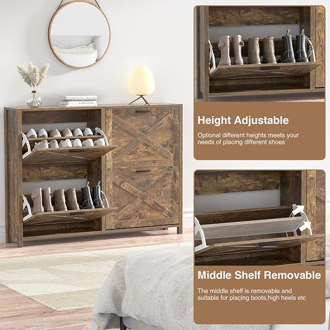 47" W Large Shoe Storage Cabinet with 4 Flip Drawers, Freestanding Hidden Shoe Cabinet Organizer with Adjustable Shelf, Narrow Shoe Cabinet for Entryway Hallway Living Room