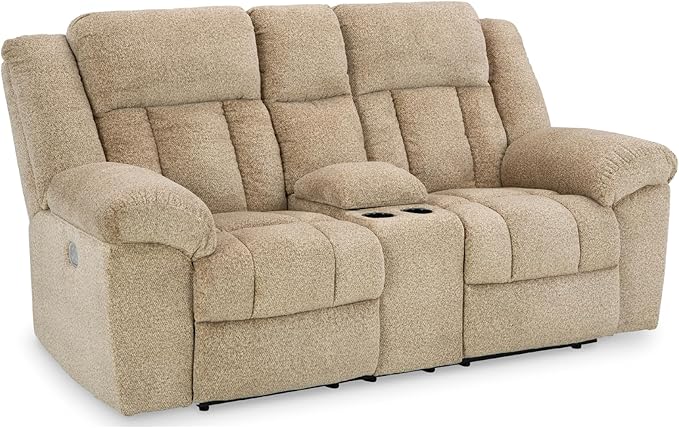 Signature Design by Ashley Tip-Off Classic Wall Hugger Power Reclining Loveseat with Adjustable Headrest, USB Ports, Storage and Cup Holders, Light Brown