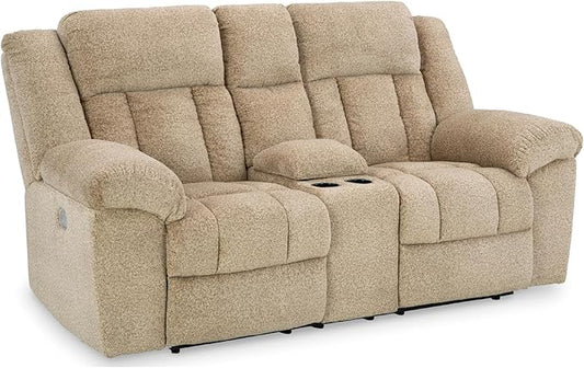 Signature Design by Ashley Tip-Off Classic Wall Hugger Power Reclining Loveseat with Adjustable Headrest, USB Ports, Storage and Cup Holders, Light Brown