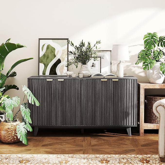 HOMCOM Fluted Sideboard Buffet Cabinet, 55" Modern Accent Console Cabinet with 4 Doors, 2 Adjustable Shelves and 5 Wood Legs, Distressed Gray