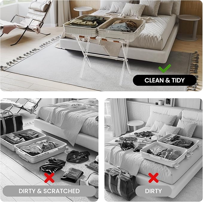 Sumerflos Acrylic Luggage Rack for Guest Room - Foldable Suitcase Stand with Leather Straps for Bedroom Living Room Hotel Heavy-Duty, Holds up to 50-100 lb lightweight Space Saving (Brown & Handle - 2 Pcs)