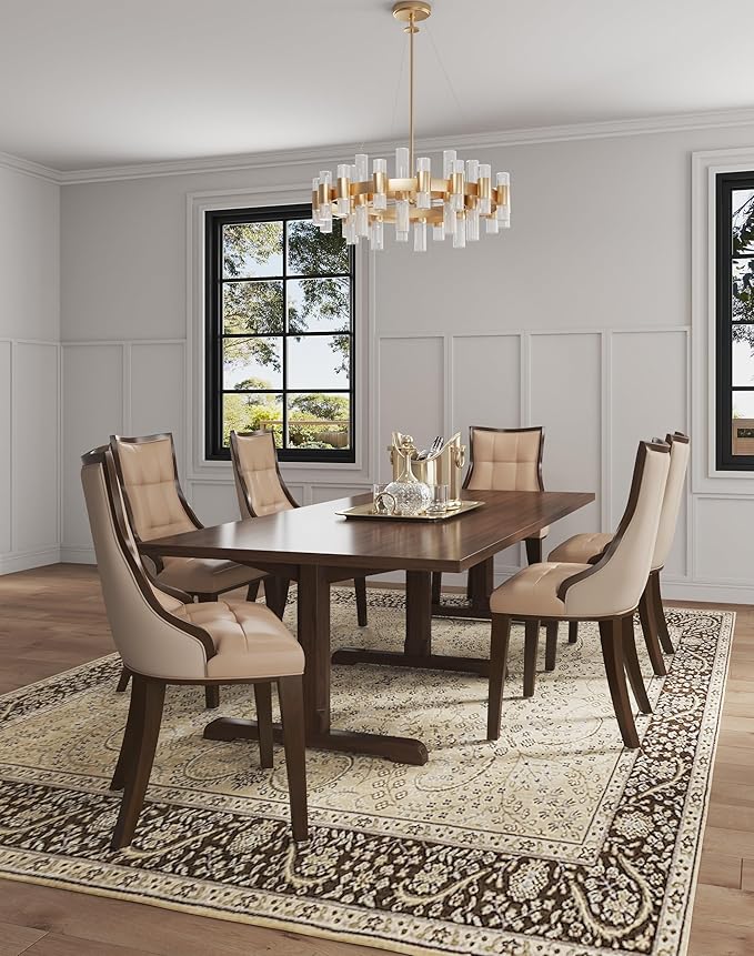 Manhattan Comfort Fifth Avenue Faux Leather Dining Chairs, Parsons Accent Furniture with Padded Wingback Seat, Fine Rectangular Stitching and Solid Beech Wood Frame, Set of 4, Tan
