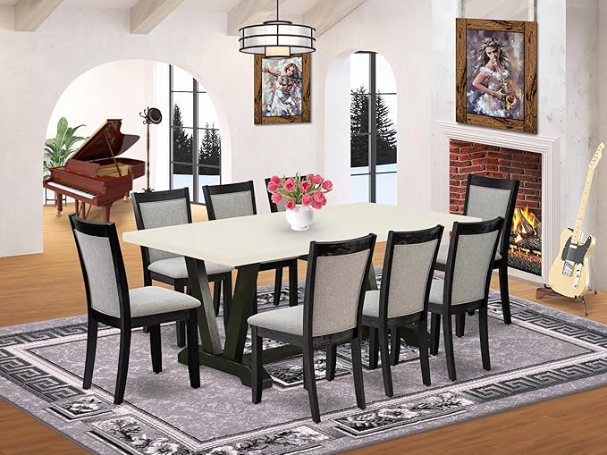 East West Furniture V627MZ650-9 9 Piece Kitchen Table Set Includes a Rectangle Dining Room Table with V-Legs and 8 Dark Gotham Grey Linen Fabric Parsons Chairs, 40x72 Inch, Multi-Color