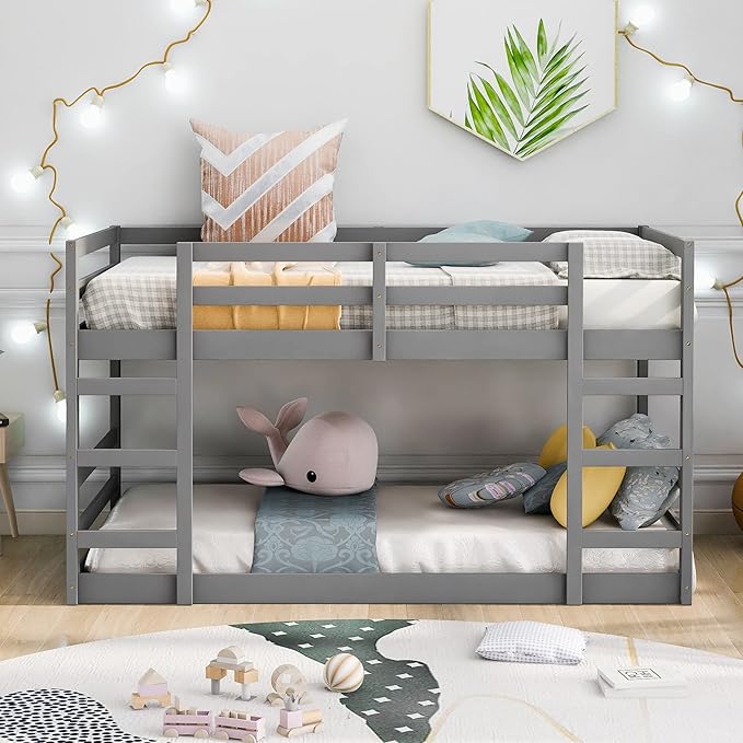 Ball & Cast Twin Over Full Bunk Bed with Two Drawers,Convertible Solid Wood Bed Frame with Ladder & Full Length Guardrails, Detachable Bunk Beds for Kids,Teens,Space Saving, No Box Spring Needed,Grey