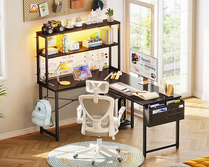 AODK L Shaped Desk Gaming Desk with LED Light & Power Outlet, 43 Inch Reversible L Shaped Computer Table with Shelf, Corner Desk with Storage Bag&Hook for Home Office Desk, Black