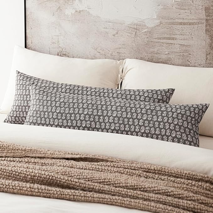 Foindtower Set of 2 Decorative Vintage Long Lumbar Throw Pillow Covers Neutral Modern Farmhouse Cushion Covers Floral Home Decor For Sofa Couch Chair Bedroom Living Room Outdoor,14×36 Inch,Rustic Gray