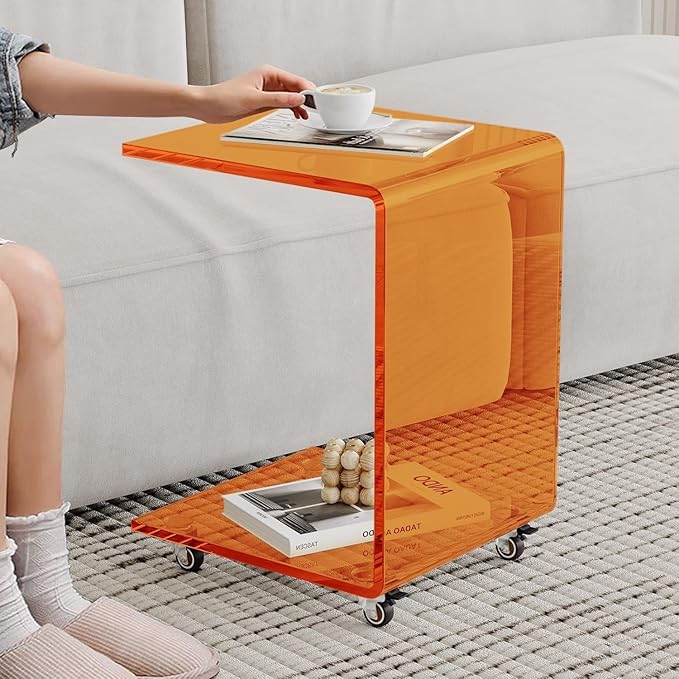 Modern C-Shaped End Table, Small Side Table, Acrylic Nightstand with Storage and Lockable Wheels for Living Room, Bedroom, Office, Bedside, Couch, and Sofa,13.38" D x 14.17" W x 21.65" H
