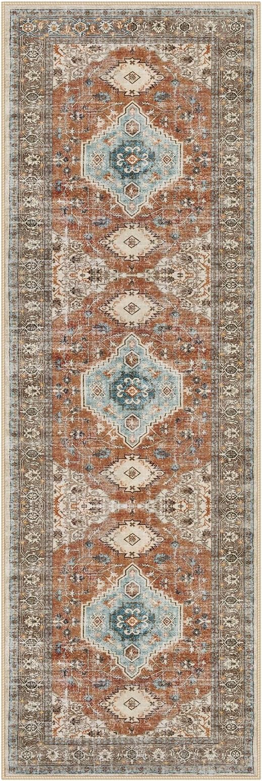 Lahome Oriental Hallway Runner Rug, 2.5x8 Kitchen Runner Non Slip Ultra-Thin, Soft Washable Hallway Rug Non Shedding Long Carpet for Entryway ‎Laundry Room Bathroom, Orange/Multi