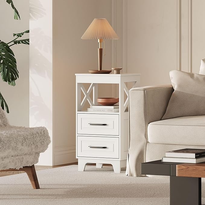 Tall Nightstand Set of 2 Side Table with 2 Drawers Modern Night Stand Wooden End Table Bedside Table with Upper Open Shelf Solid Feet for Bedroom, Living Room, White
