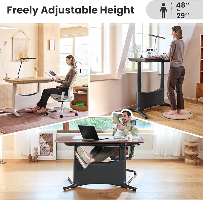 COLAMY Electric Adjustable Standing Desk – 48 x 28 Inch Sit Stand Desk with Drawer & Cable Management, Dual Motor Lift System, Ergonomic Footrest, Home Office Table (Veneer Desktop, Walnut + White)