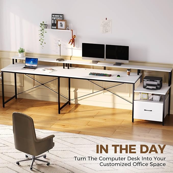 Rolanstar Computer Desk with File Drawer, 64" L Shaped Desk with Power Outlet & LED Strip, L Shaped Computer Corner Desk with File Cabinet, Gaming Desk with Monitor Shelf, Home Office Desk, White