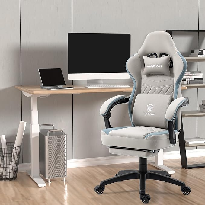 Dowinx Gaming Chair Breathable Fabric Game Chair with Gel Pad and Storage Bag, Comfortable Gamer Chair with Pocket Spring Cushion,Ergonomic Computer Chair with Footrest,Grey