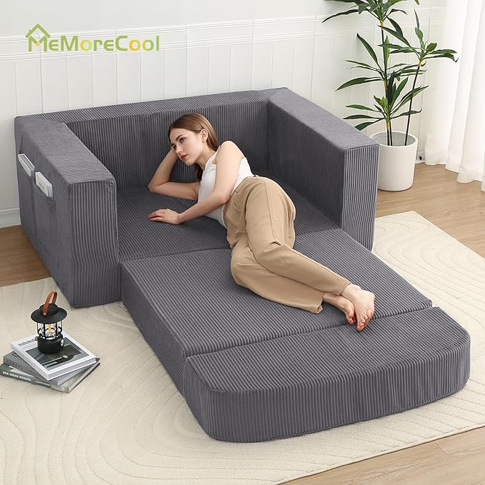 MeMoreCool Convertible Sofa Bed, Pull Out Loveseat Sleeper Sofa, Small Boneless Cloud Couch Bed for Adults, Fold Out Foam Love Seat Grey, Corduroy Folding Floor Couch for Bedroom