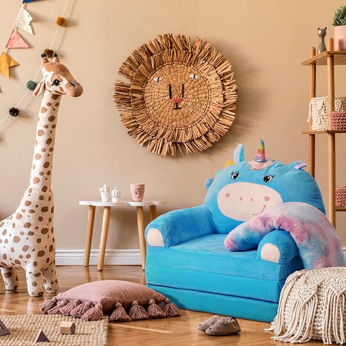 Unicorn Kids Couch Fold Out 2-in-1 Toddler Sofa Fold Out with Blanket, Soft Toddler Chair Comfy for Boys Girls Baby, Convertible Sofa to Lounger for Napping Reading Playing Christmas, Blue