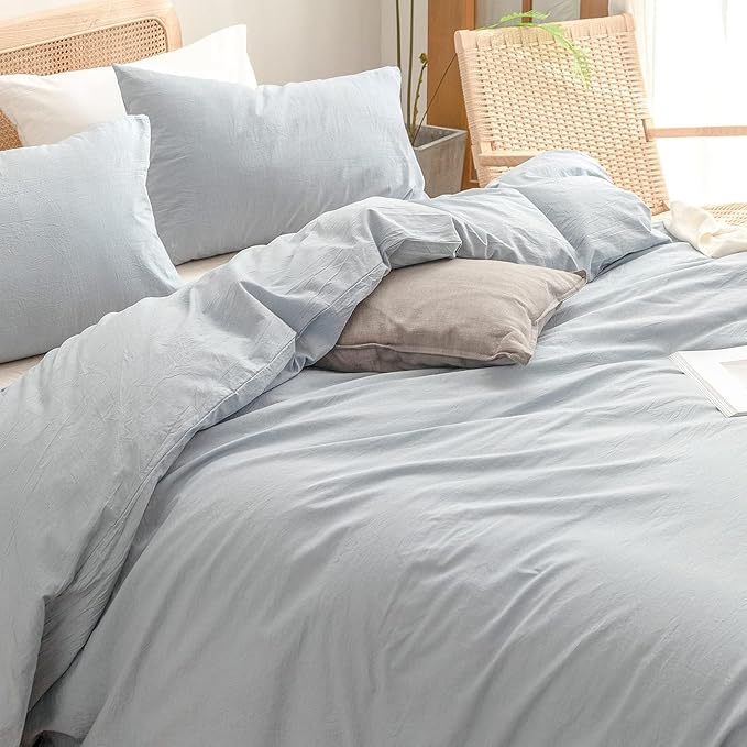 BESTOUCH Duvet Cover Set 100% Washed Cotton Linen Feel Super Soft Comfortable Chic Lightweight 3 PCs Home Bedding Set Solid Cornflower Blue Oversized Full