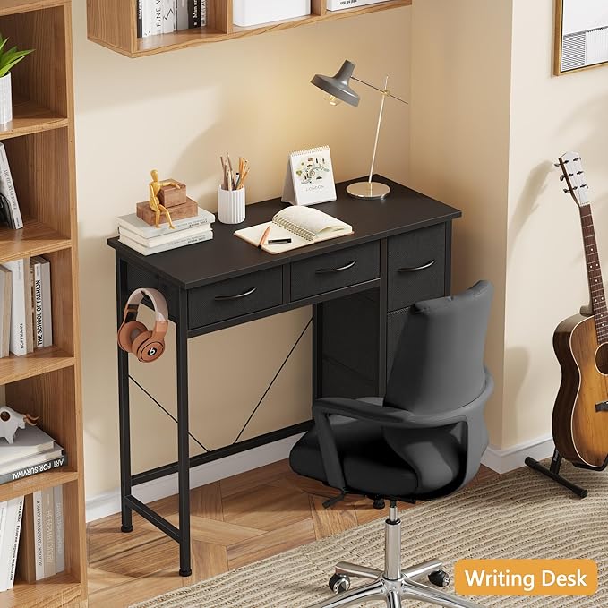 Small Computer Desk with 5 Fabric Drawers, 33 Inch Writing Desk for Home Office, Simple PC Desks for Small Place, Kids Girls Teen Study Table Vanity for Bedroom Dorm, Black
