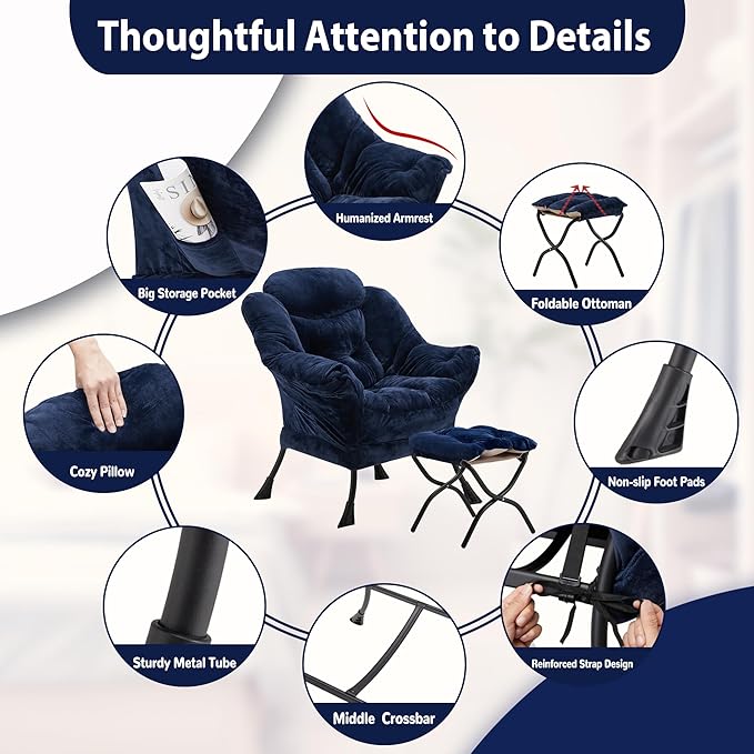 Lazy Chair with Folding Ottoman, Accent Chair Plush Upholstered with Metal Structure and Non-Slip Pads, Sofa Armchair with Footrest and Side Storage Bag for Dorm, Room, Office, Navy Blue