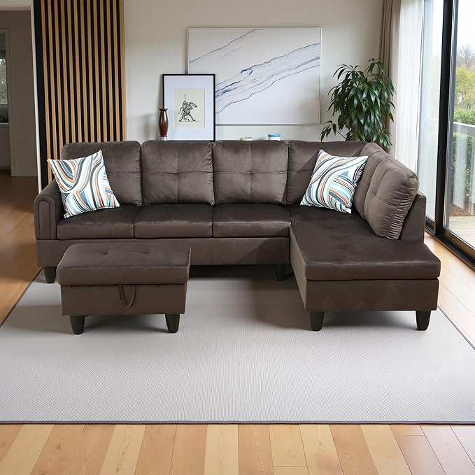 97" Oversized Sectional Couch, L Shaped Couch with Storage Ottoman, Modern Modular Sofa with Deep Seat, Sectional Couches for Living Room and Office, Dark Brown (Flannel)