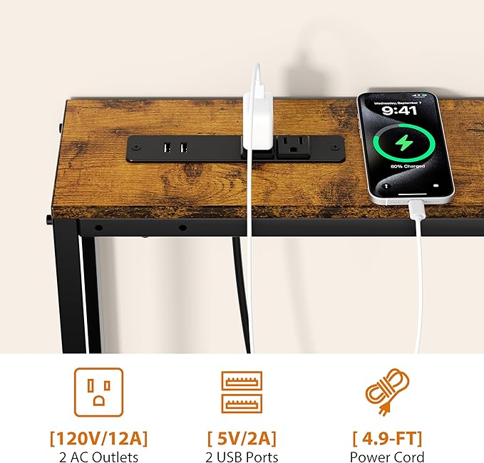 GRLEAF L Shaped Narrow Console Table with Outlet, 70" Sofa Tables Narrow Long, Behind Couch Table, Skinny Entryway Tables with Charging Station,for Living Room,Hallway (Rustic Brown,70IN)