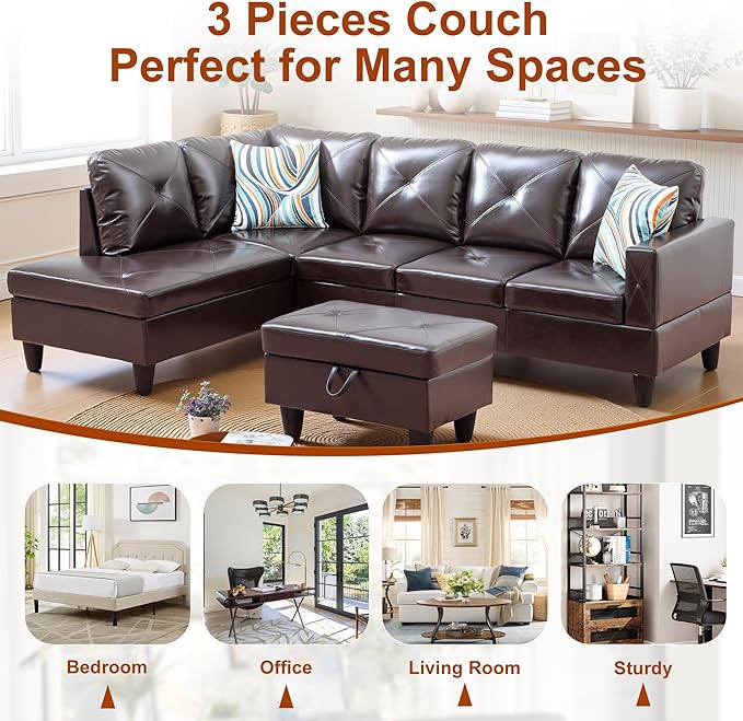 Osparple L Shaped Couch Faux Leather Sectional Couches for Living Room Upholstered 3 Pieces Modular Sectional Sofa with Chaise, Ottoman with Storage for Living Room and Small Apartment, Brown