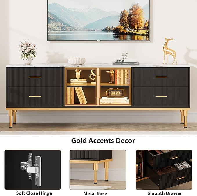 Garvee LED Lighted TV Stand for 55-75" TVs, Modern Entertainment Center with Drawers & Shelves, Glass Doors Living Room Furniture, Black