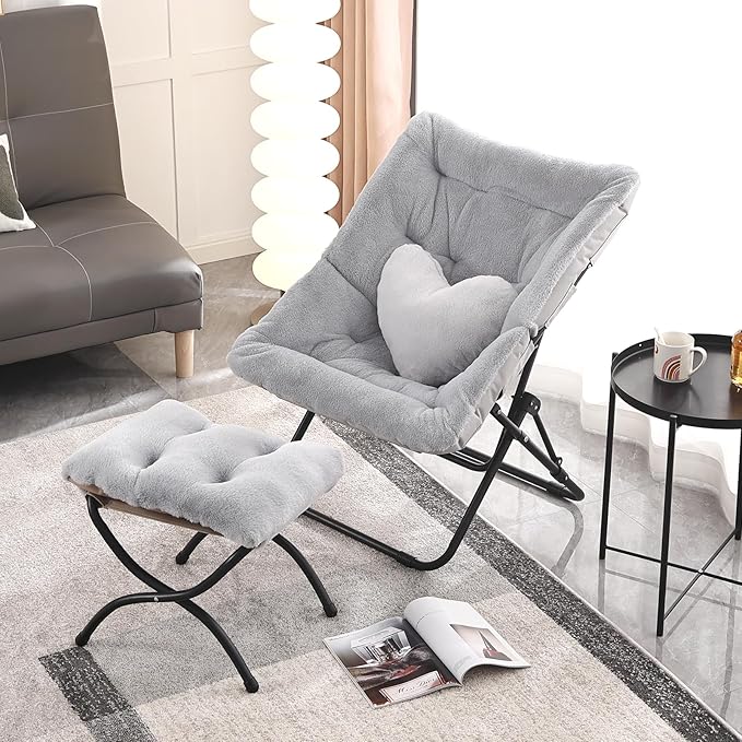 Comfy Saucer Chair with Ottoman, Oversized Folding Faux Fur Chair Soft Furry Lounge Lazy Chair with Metal Frame Moon Chair Accent Chair for Bedroom, Living Room, Dorm Rooms, Grey