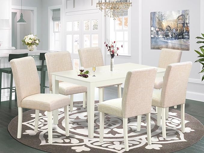 East West Furniture CAAB7-LWH-02 7 Piece Dining Room Furniture Set Consist of a Rectangle Dining Table and 6 Light Beige Linen Fabric Upholstered Parson Chairs, 36x60 Inch, Linen White