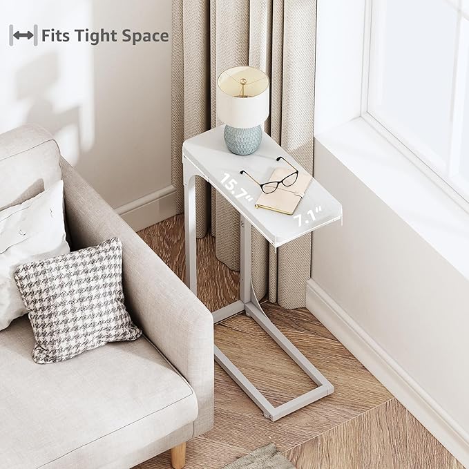 QEEIG Narrow C Shaped Side Table Set of 2 Living Room Sets Slim Couch Tray Tables Skinny Thin Small Modern 7 inch Width, White (017-18WW)