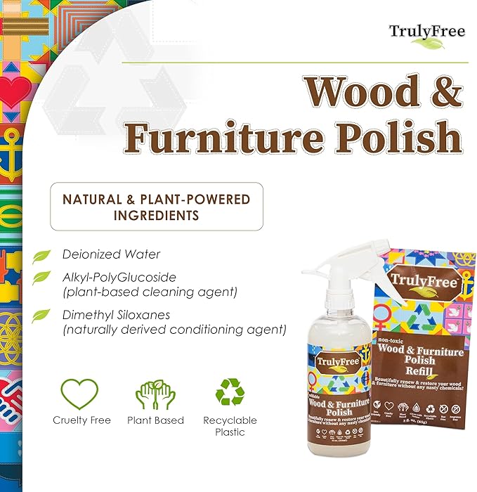 Natural Wood Cleaner & Furniture Polish - Leather Cleaner, Vinyl, Furniture & Wood Polish, Helps Remove Water Stain, Unscented - Includes: 1 Refillable Empty 12oz Bottle & 1 Refill(3 fl oz)