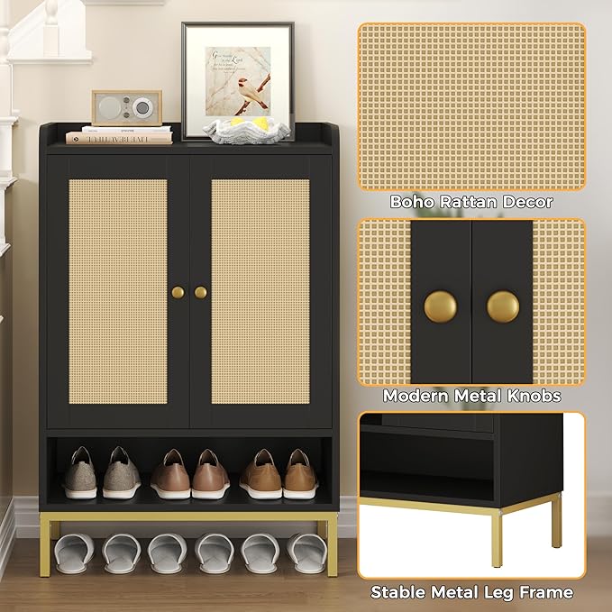 Rattan Shoe Cabinet Storage for Entryway, Shoe Cabinet with Adjustable Shelves for Entryway, 5-Tier, 20 Pair Shoe Rack Storage for Hallway, Closet, Living Room, Black